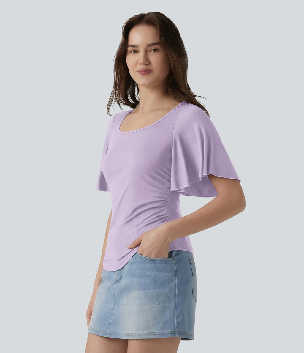 T-shirt décontracté maille côtelée col carré manches papillon froncé