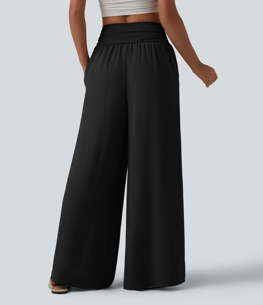 Pantalon ample taille haute ventre plat aspect lin avec fronces et poches