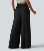 Pantalon ample taille haute ventre plat aspect lin avec fronces et poches