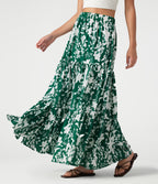 Jupe longue fluide taille haute à volants superposés imprimé floral pour les vacances