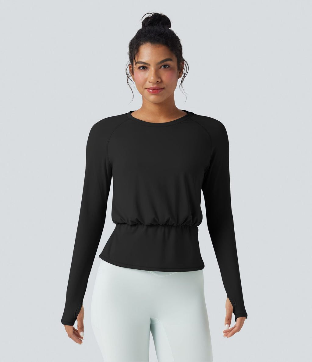 Haut de sport yoga SoftlyZero™ Airy col rond manches longues avec passe-pouces plissé effet frais InstantCool, protection solaire UPF50+