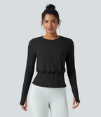 Haut de sport yoga SoftlyZero™ Airy col rond manches longues avec passe-pouces plissé effet frais InstantCool, protection solaire UPF50+