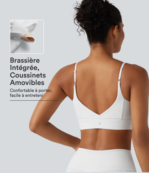 Brassière de yoga en maille côtelée, maintien léger avec coussinets amovibles