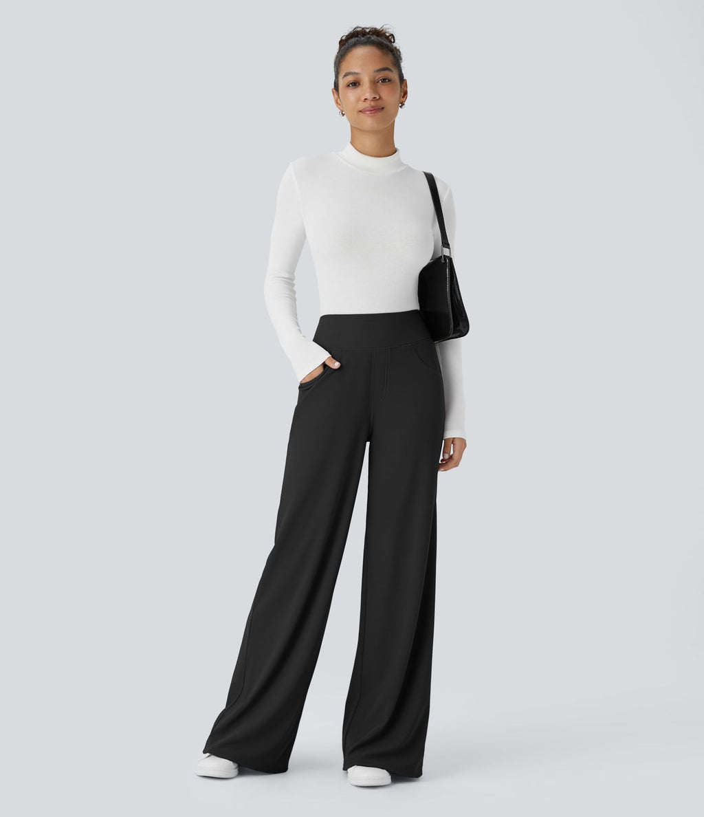 Pantalon tailleur large gainant taille haute en micro-gaufré avec poches Halara Flex™