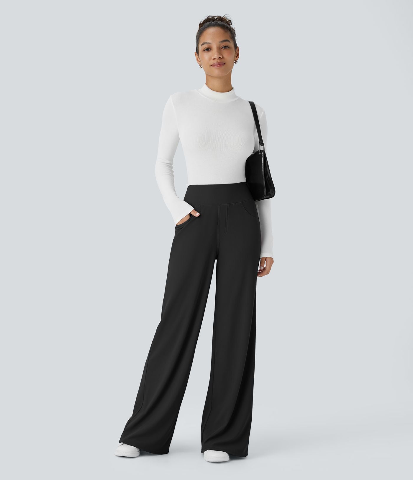 Pantalon tailleur large gainant taille haute en micro-gaufré avec poches Halara Flex™