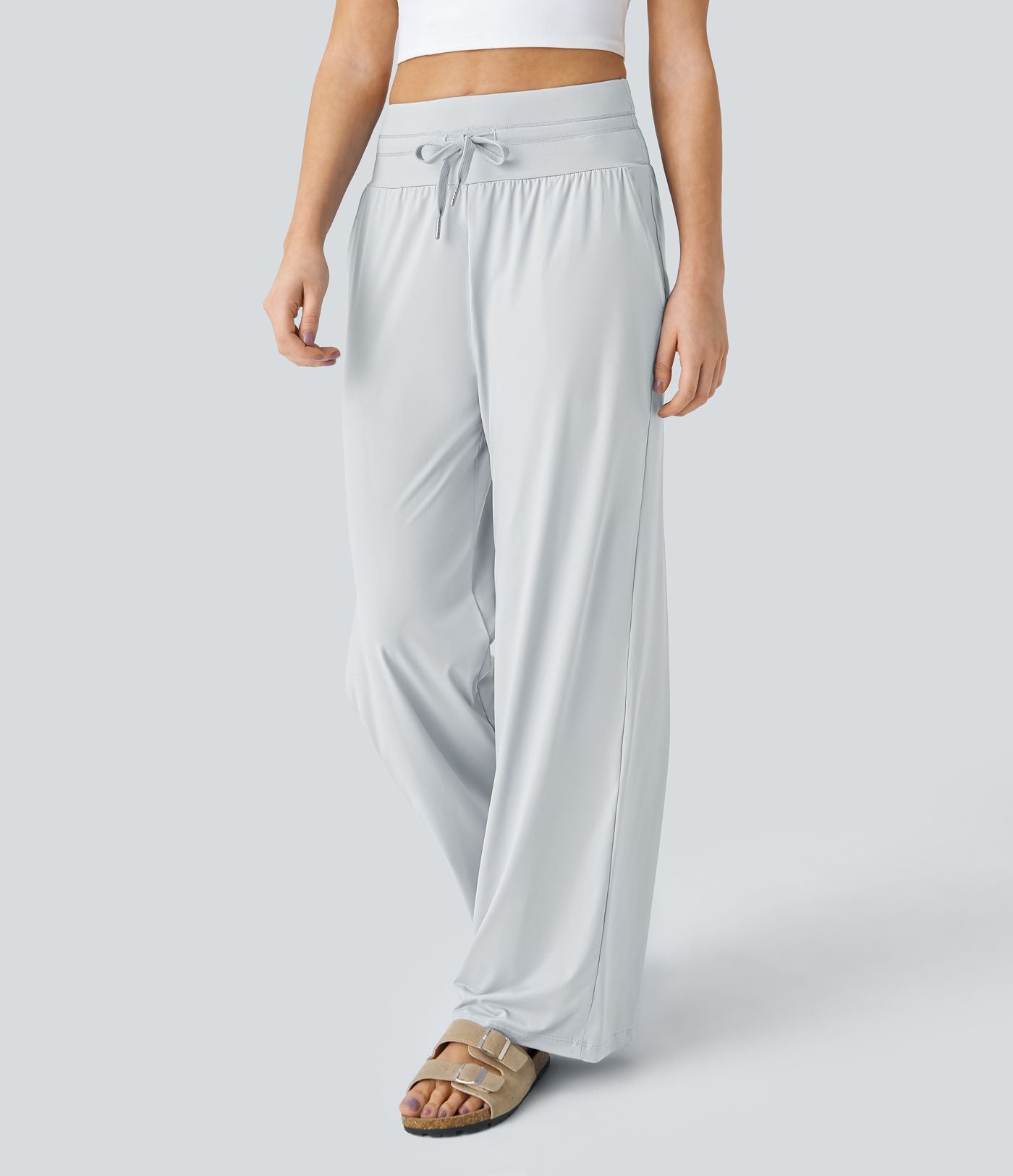 Pantalon large décontracté taille haute cordon de serrage poches latérales effet frais InstantCool