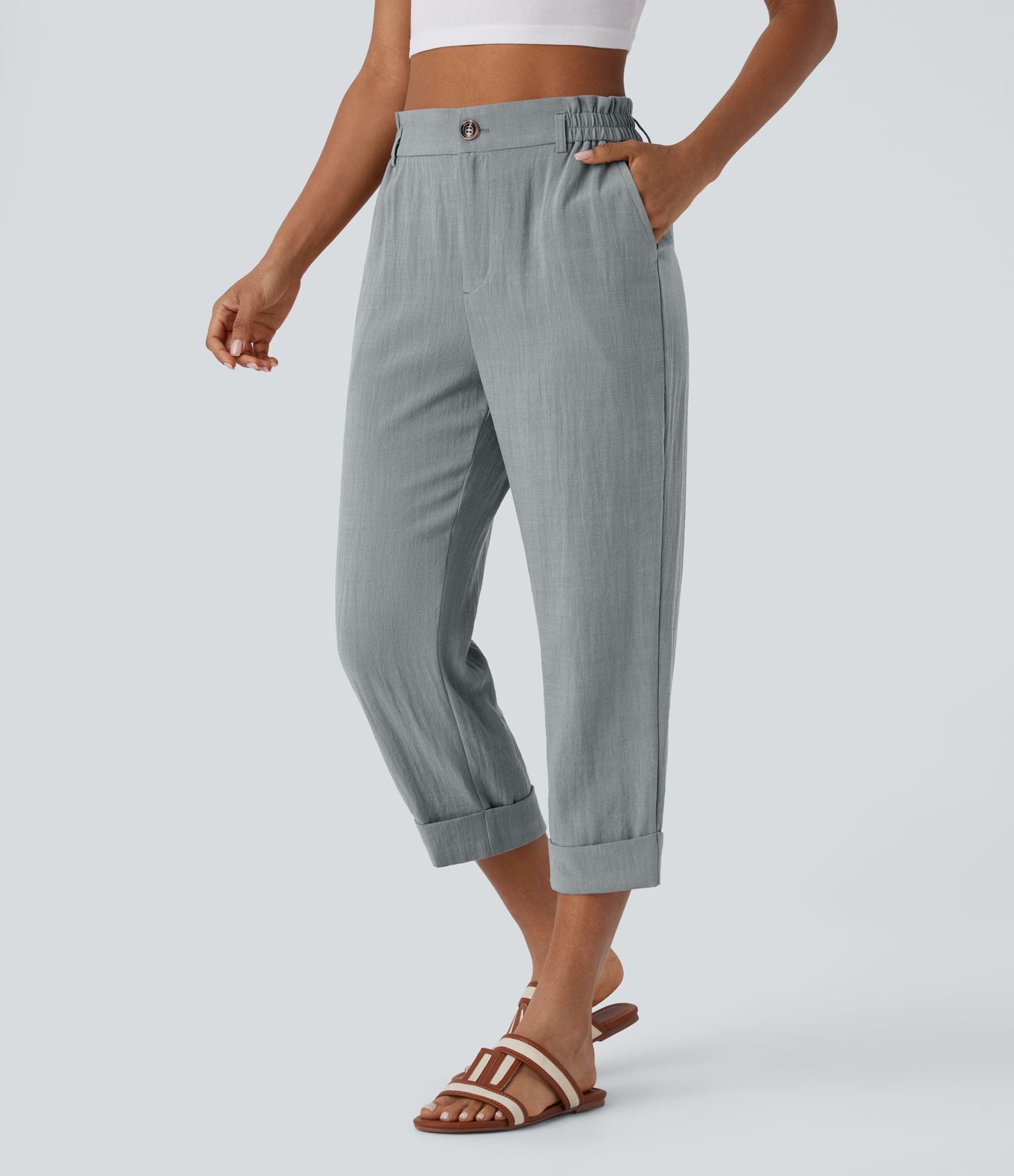 Pantalon capri effet lin taille haute avec poches zippées
