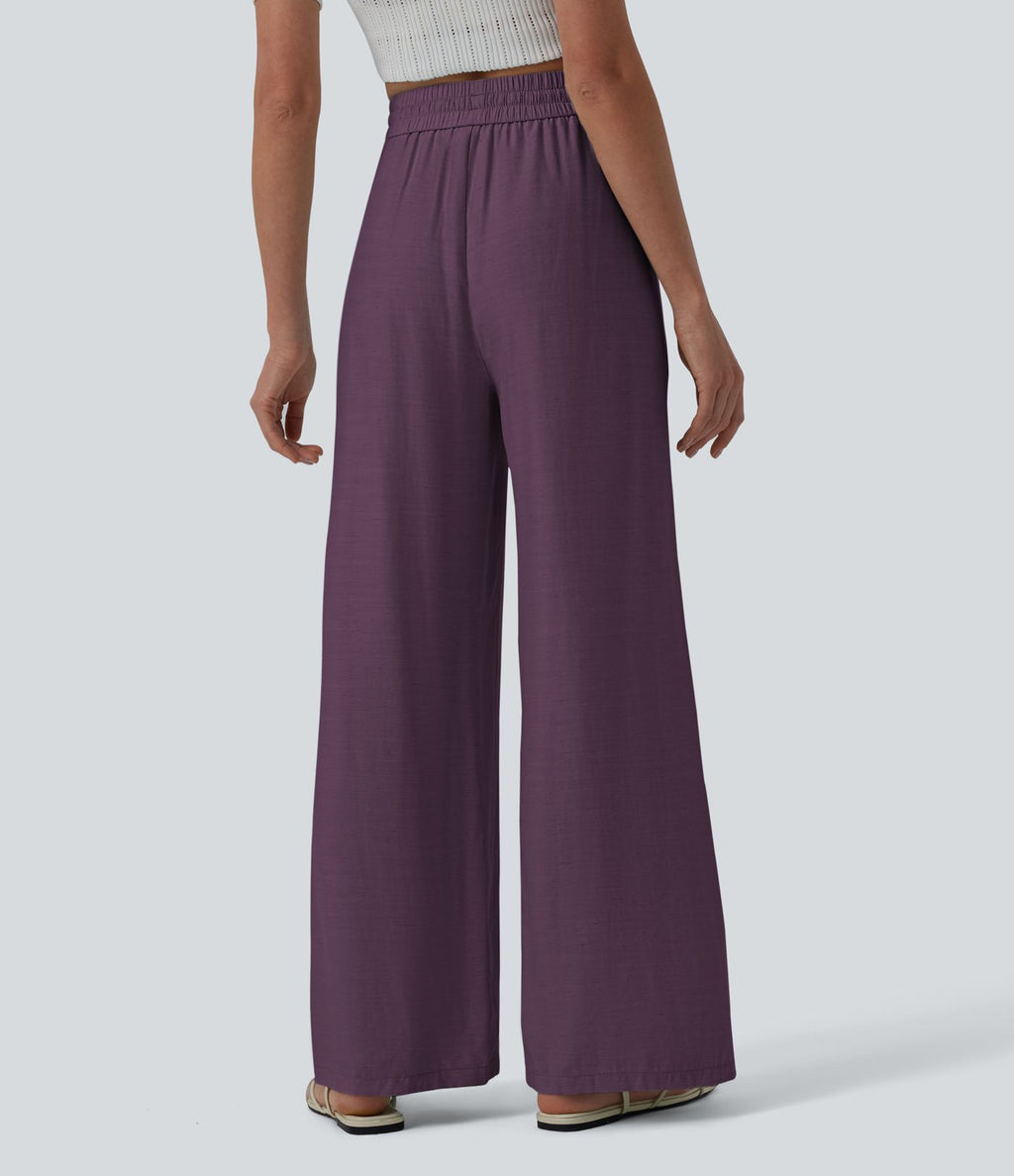 Pantalon casual large fluide mélange lin taille haute avec cordon de serrage et poches