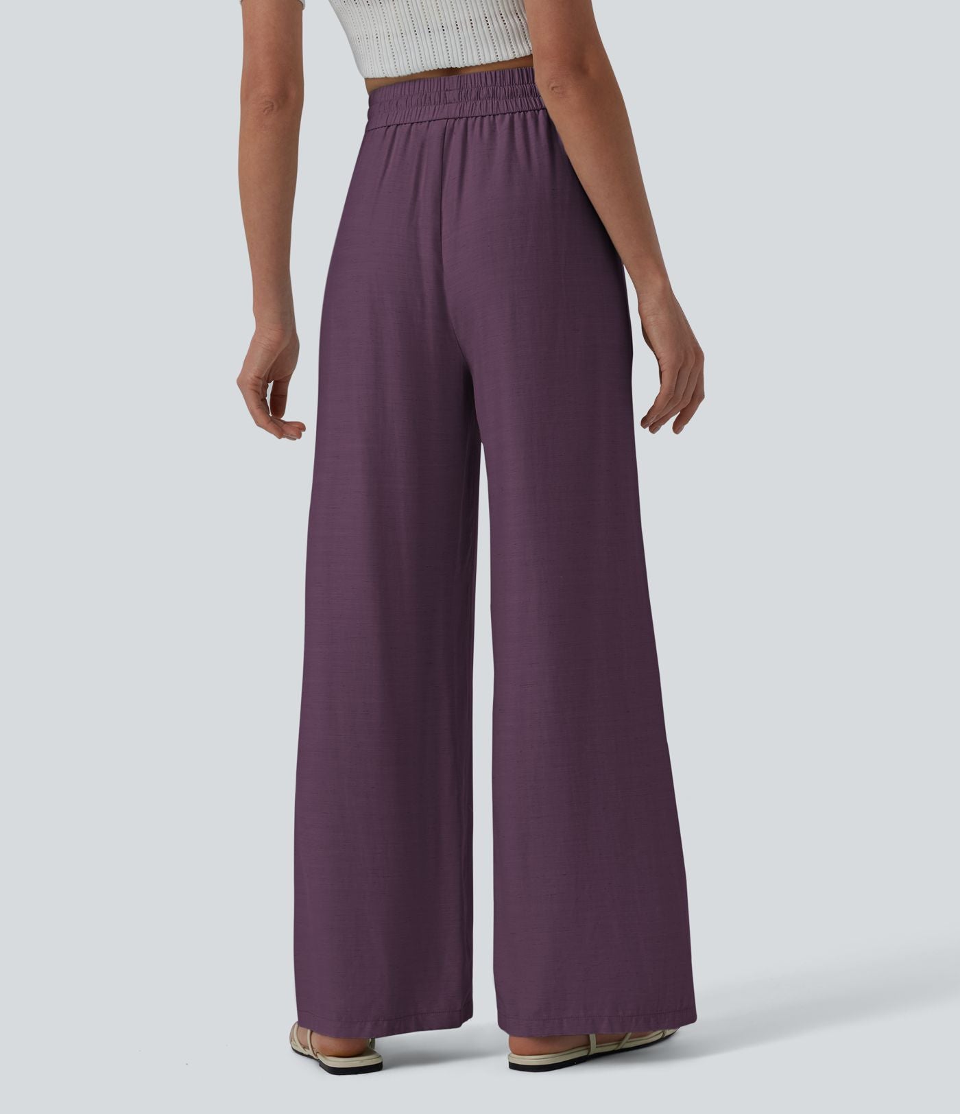 Pantalon casual large fluide mélange lin taille haute avec cordon de serrage et poches