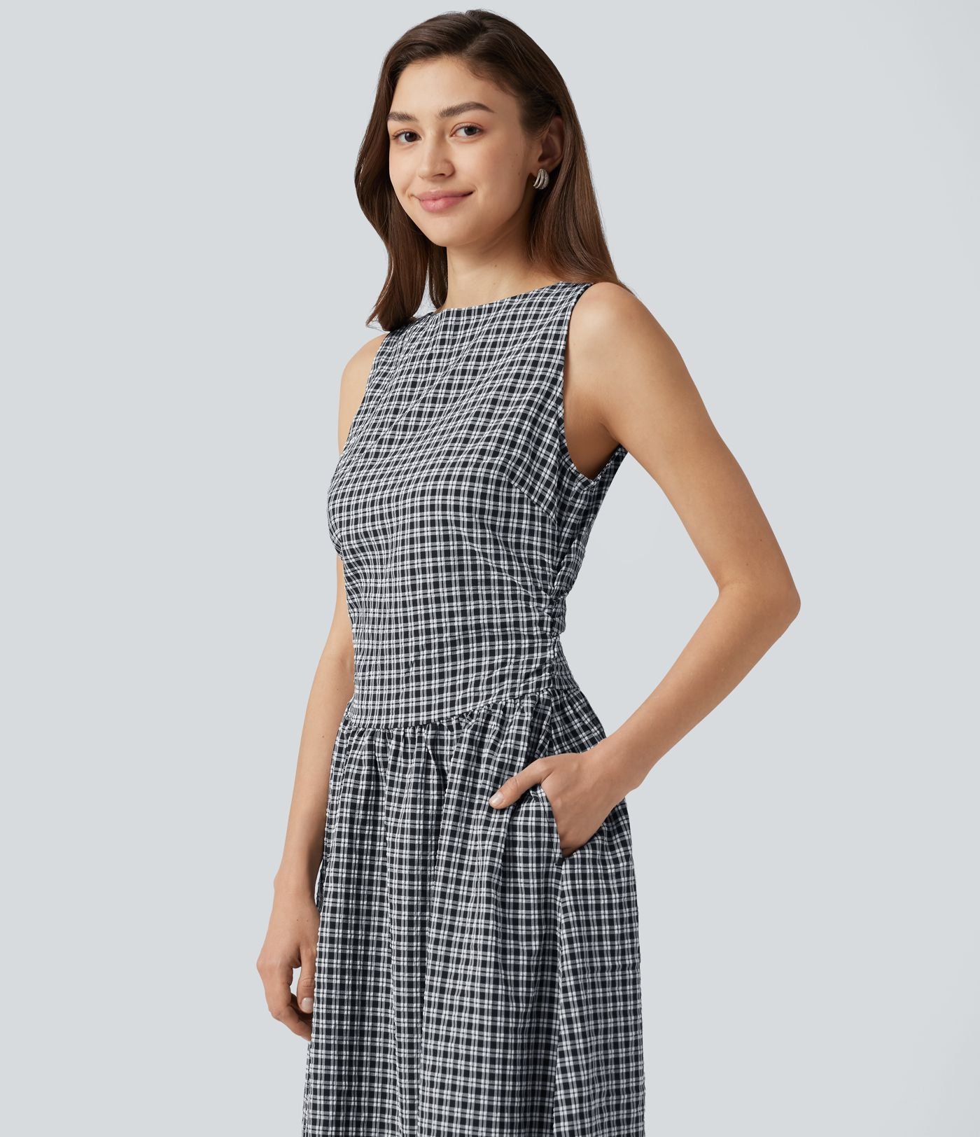 Robe midi décontractée à carreaux vichy, col bateau, sans manches, avec poches