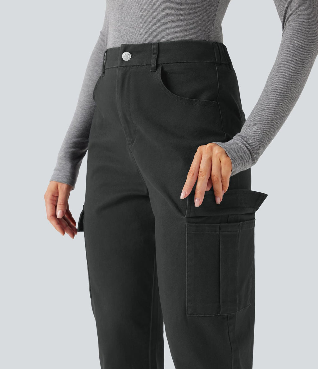 Pantalon 7/8 décontracté fuselé taille haute en coton chino avec poches