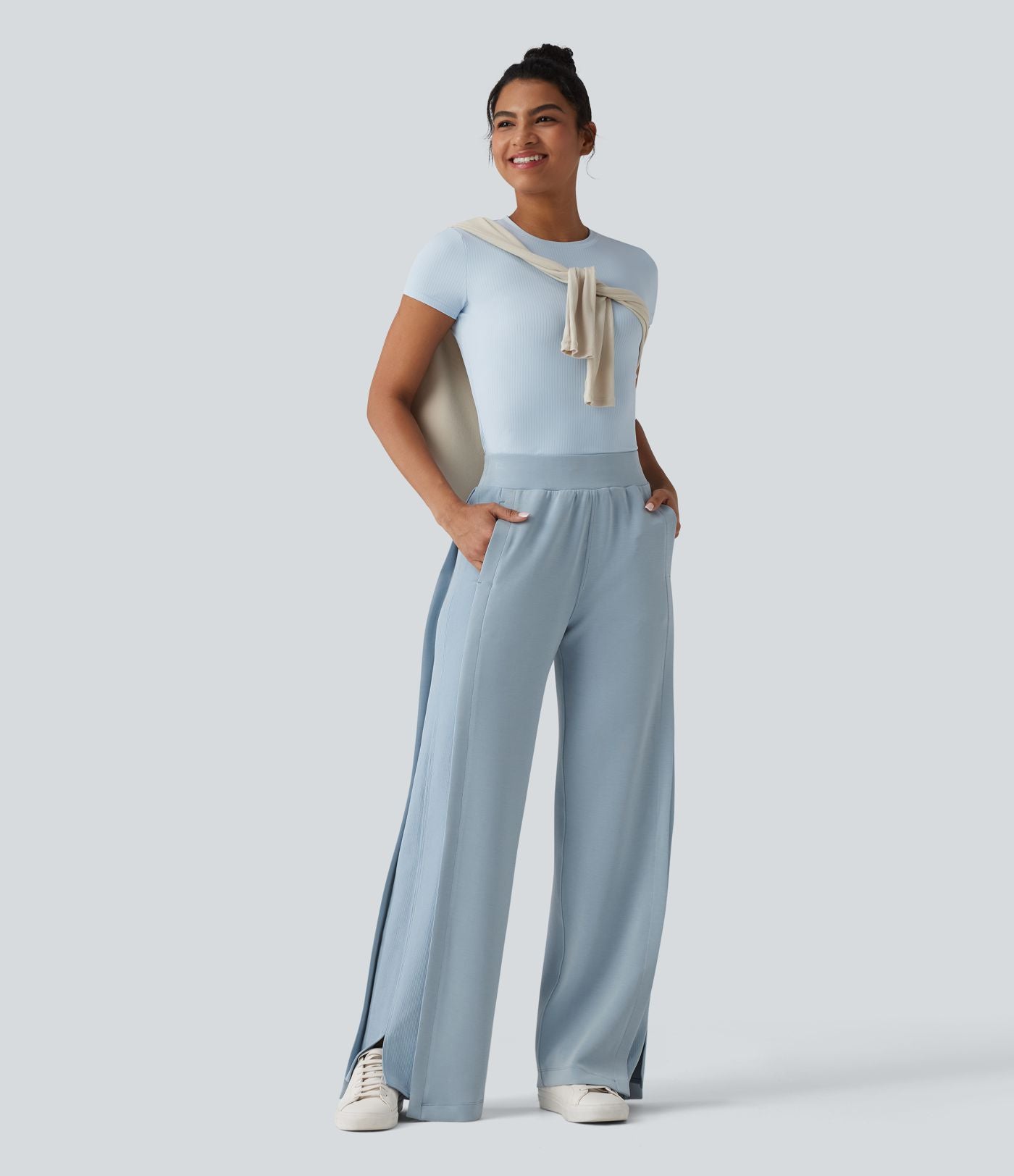 SpacerTek™ Pantalon large fluide décontracté taille haute avec cordon de serrage intérieur, côtes contrastées, fentes et poches