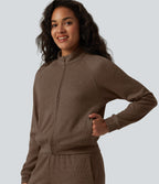 Veste casual côtelée à col montant, manches longues et fermeture zippée avec poches