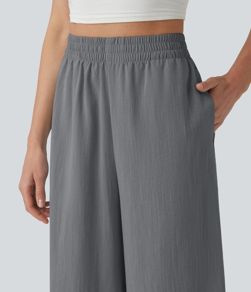 Pantalon ample court taille haute aspect lin avec fentes et poches