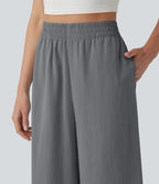 Pantalon ample court taille haute aspect lin avec fentes et poches