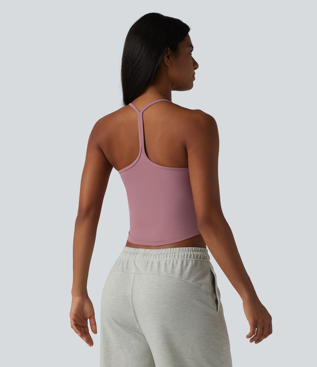 Débardeur décontracté col U dos en Y à effet frais InstantCool, ourlet arrondi et brassière intégrée à séchage rapide, protection solaire UPF50+