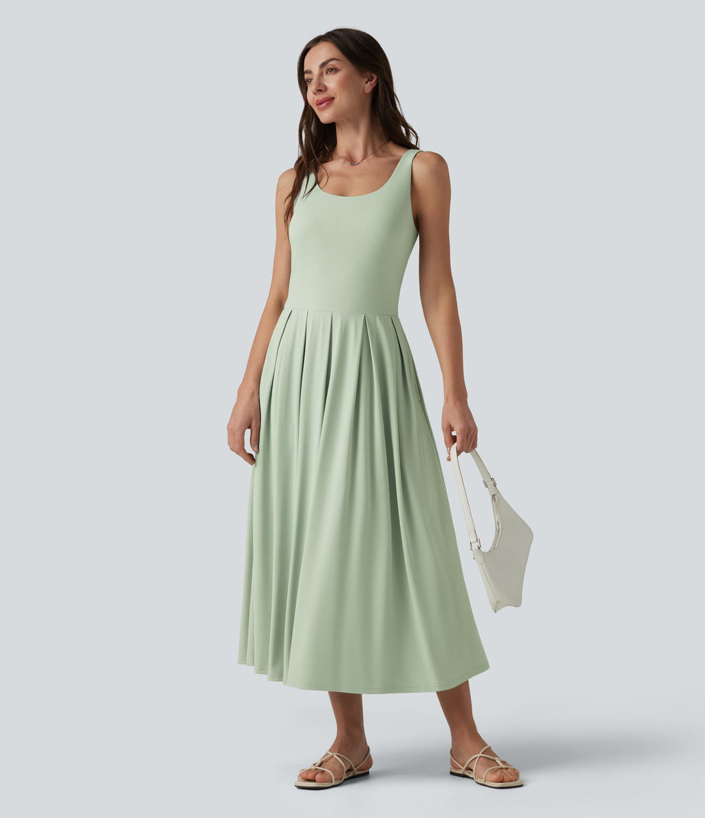 Robe midi fluide à bretelles col U avec brassière intégrée et poches
