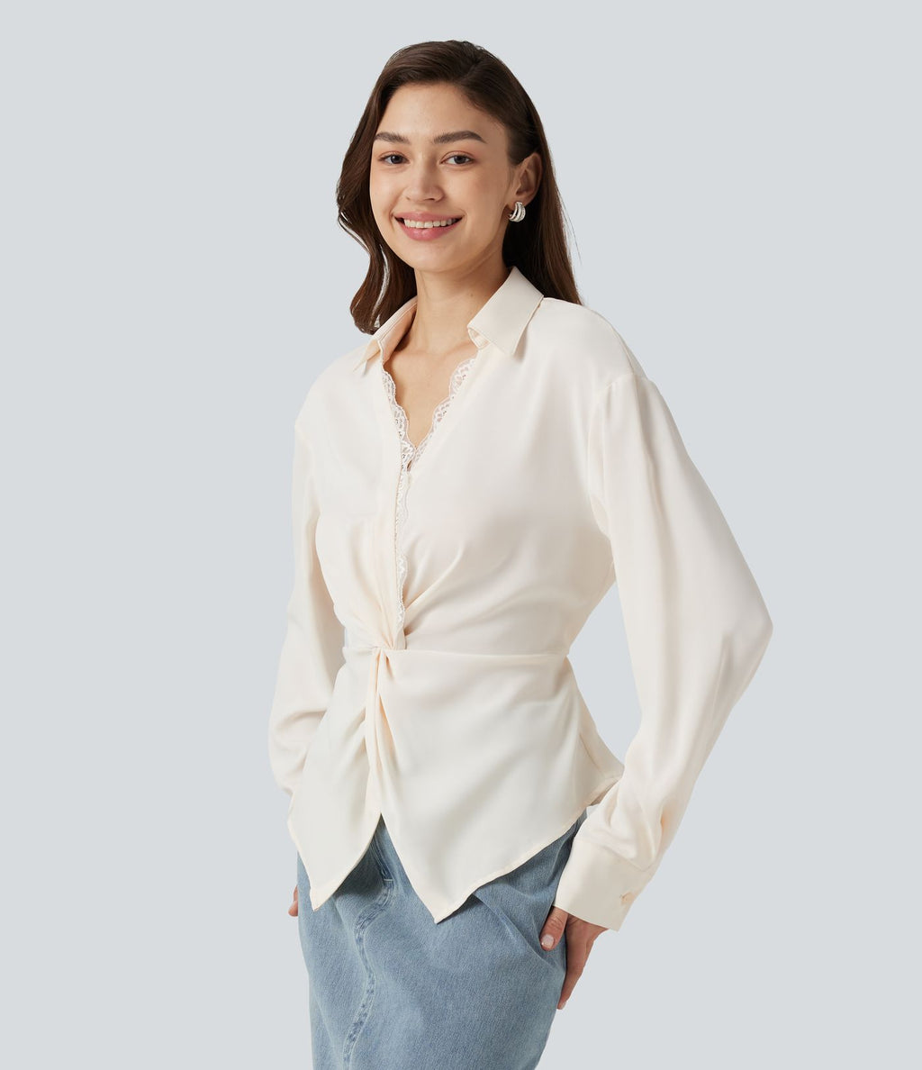 Chemise esprit bureau défroissage facile, col V, dentelle contrastée, manches longues, lien au dos et détail torsadé