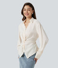 Chemise esprit bureau défroissage facile, col V, dentelle contrastée, manches longues, lien au dos et détail torsadé