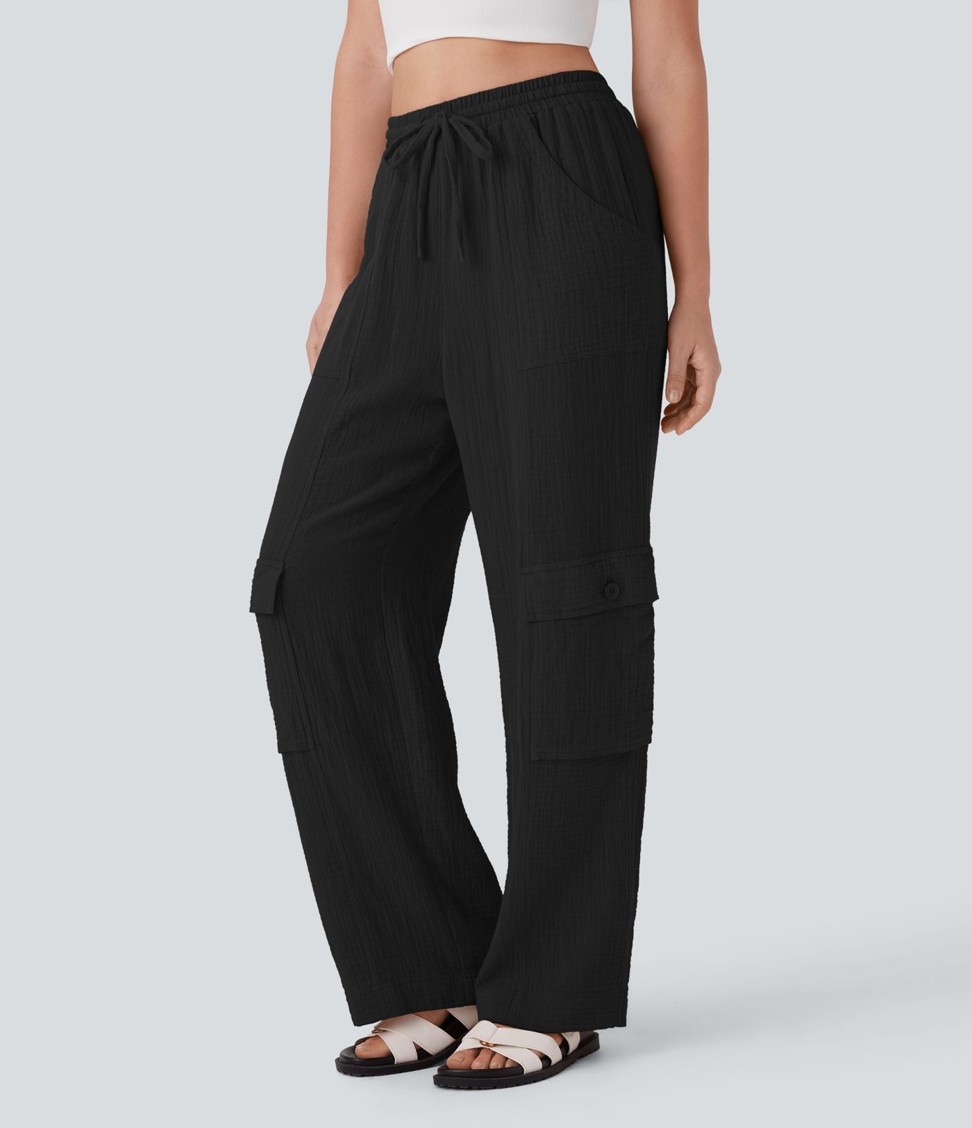 Pantalon cargo large fluide en coton taille haute avec cordon de serrage et poches