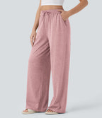 Pantalon large décontracté taille haute avec cordon de serrage et poches latérales