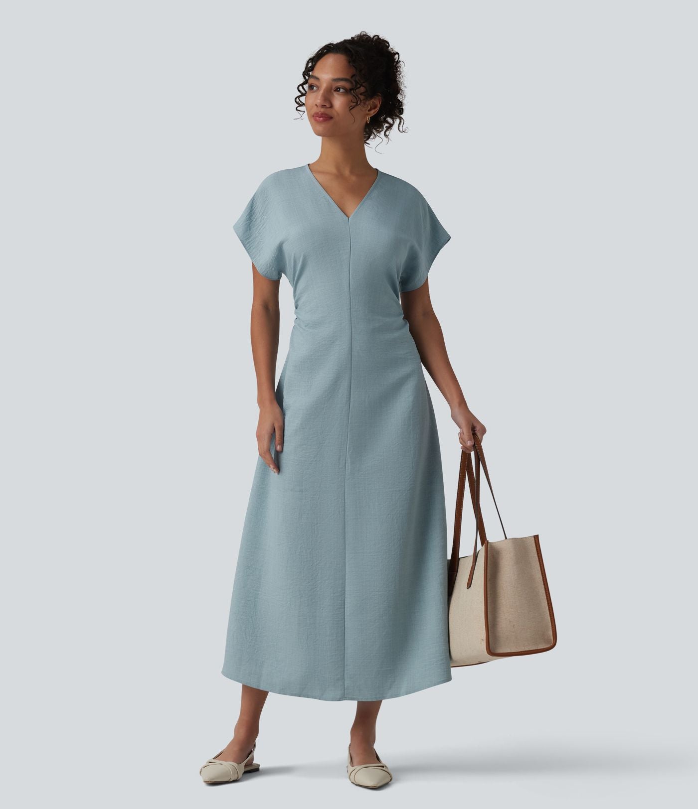 Robe longue tailleur évasée col V à manches courtes avec fermeture éclair invisible et drapé froncé