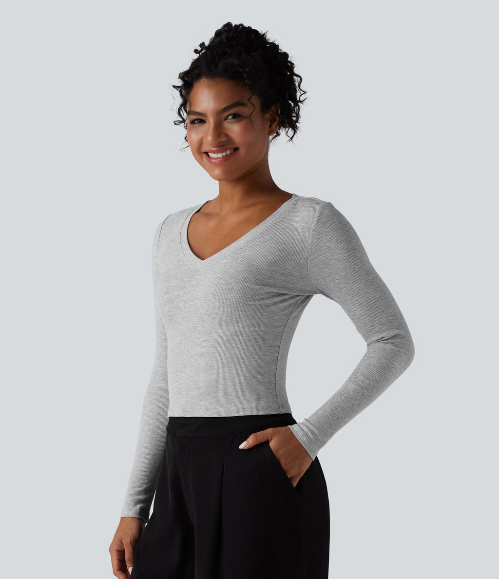 T-shirt tailleur côtelé court col V manches longues