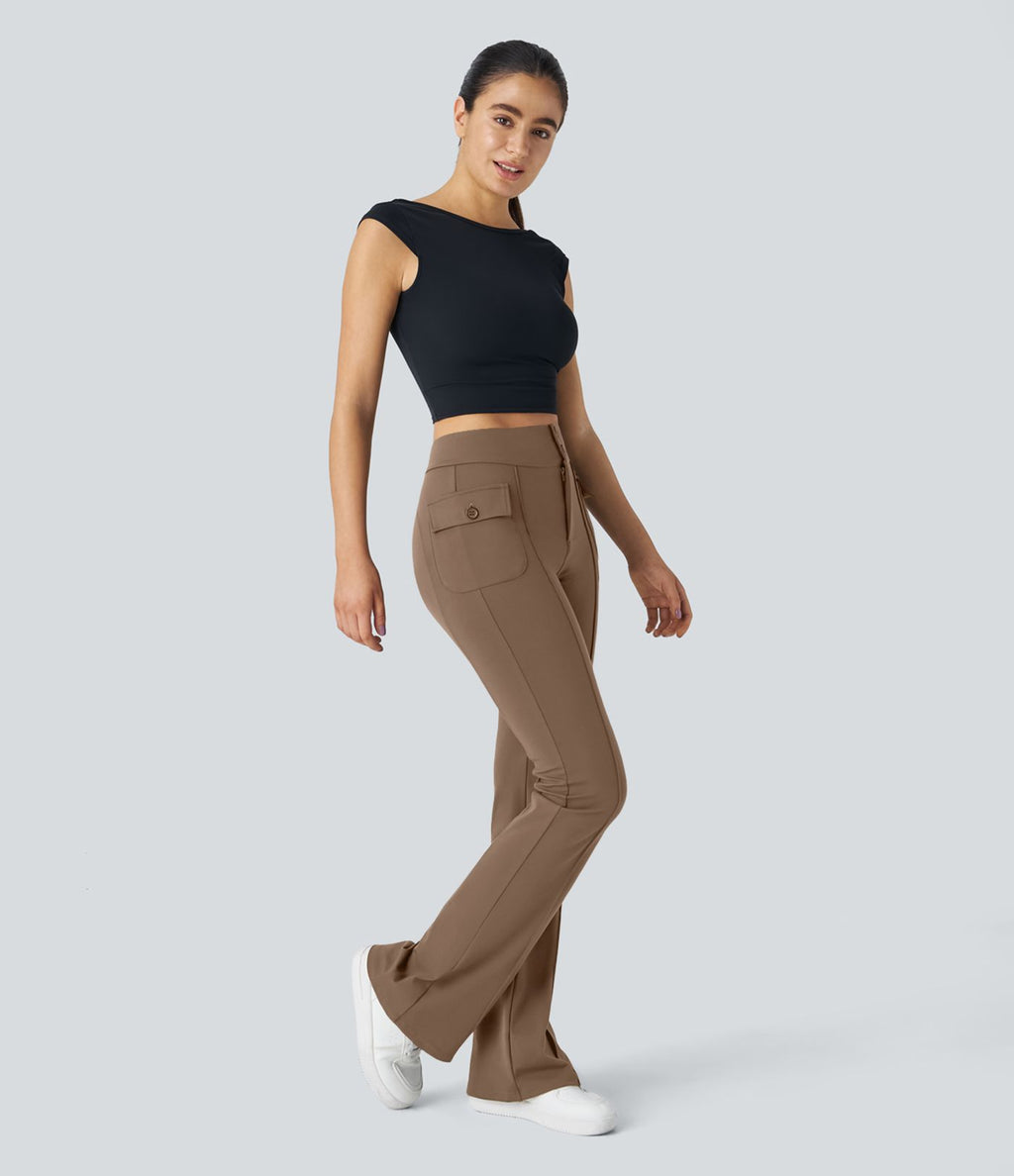 Pantalon cargo décontracté évasé taille haute avec poches à rabat latérales
