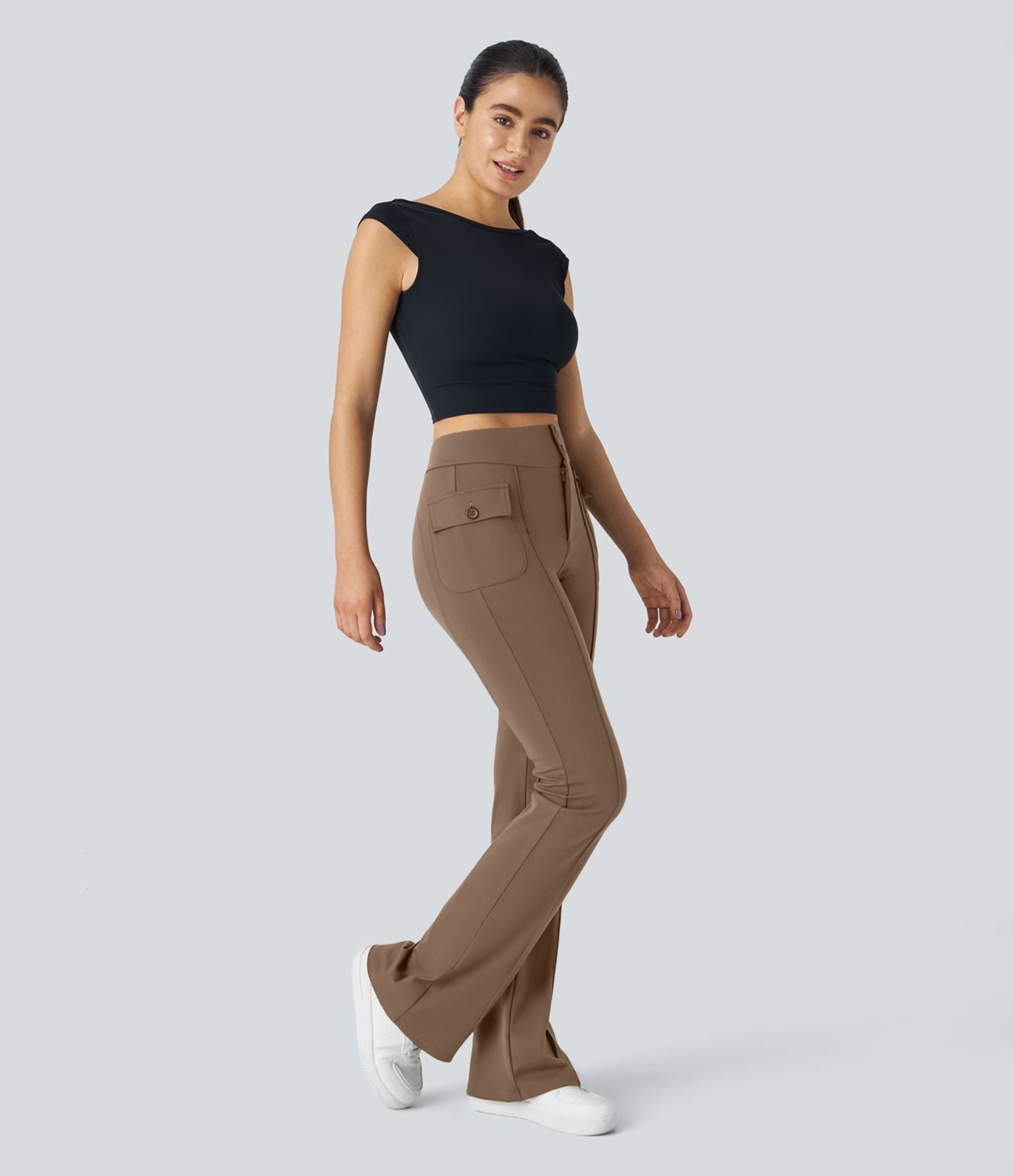 Pantalon cargo décontracté évasé taille haute avec poches à rabat latérales
