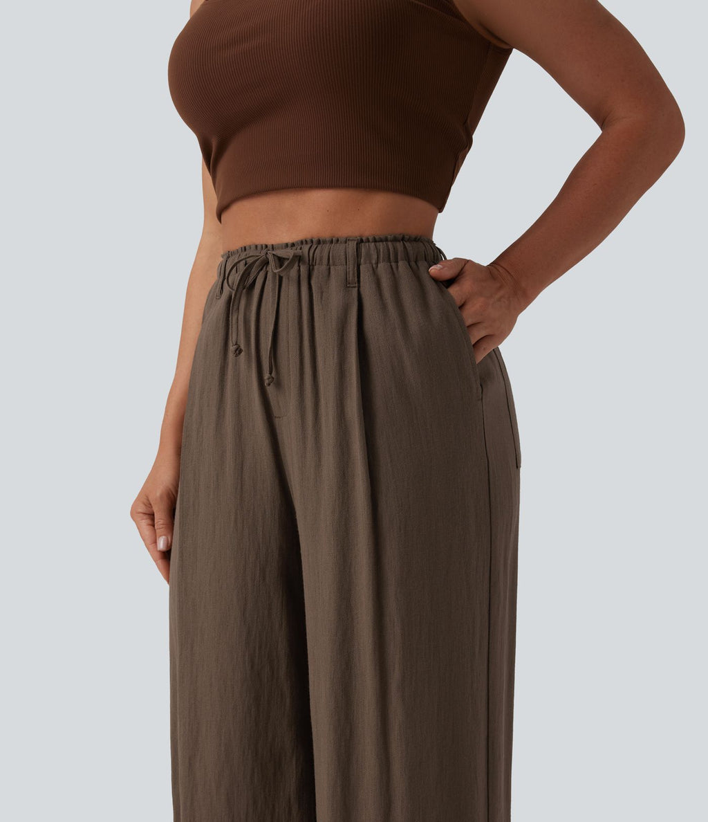 Pantalon casual ample taille haute aspect lin à cordon de serrage avec poches