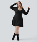 Robe mini évasée grande taille col V en maille côtelée à manches longues