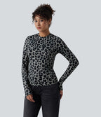 Top casual ajusté col rond manches longues imprimé léopard