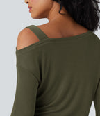 T-shirt décontracté asymétrique en mélange de laine à une épaule et manches longues