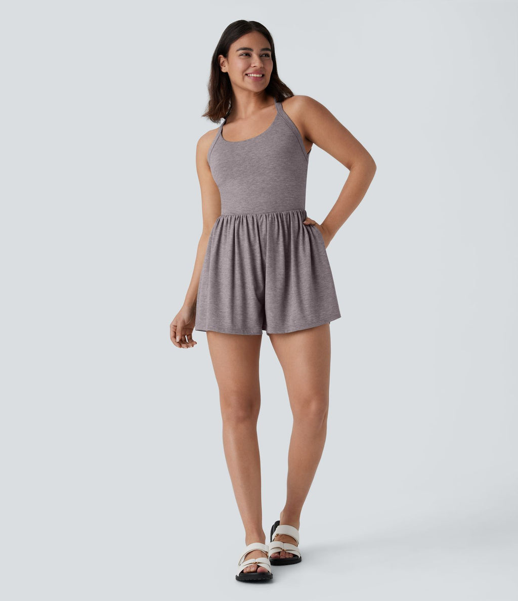 Combishort de villégiature 2-en-1 à dos nu, design torsadé, poches latérales - Édition Easy Peasy
