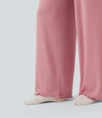 Pantalon détente taille haute coupe droite finitions plissées pointelle avec cordon de serrage