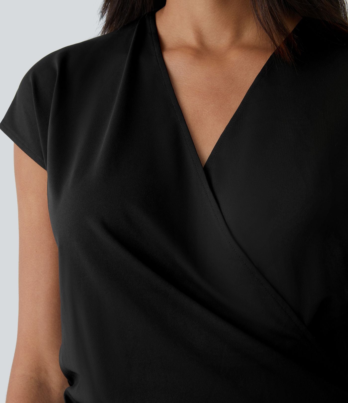 Blouse Travail Unie Froncée Croisée Manches Courtes Col en V