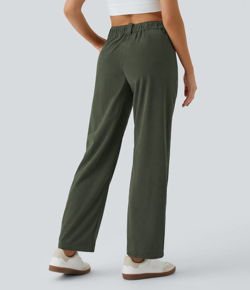 Pantalon en velours côtelé décontracté taille moyenne avec poches latérales