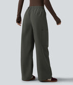 Pantalon parachute large fluide décontracté en polaire taille haute avec poches