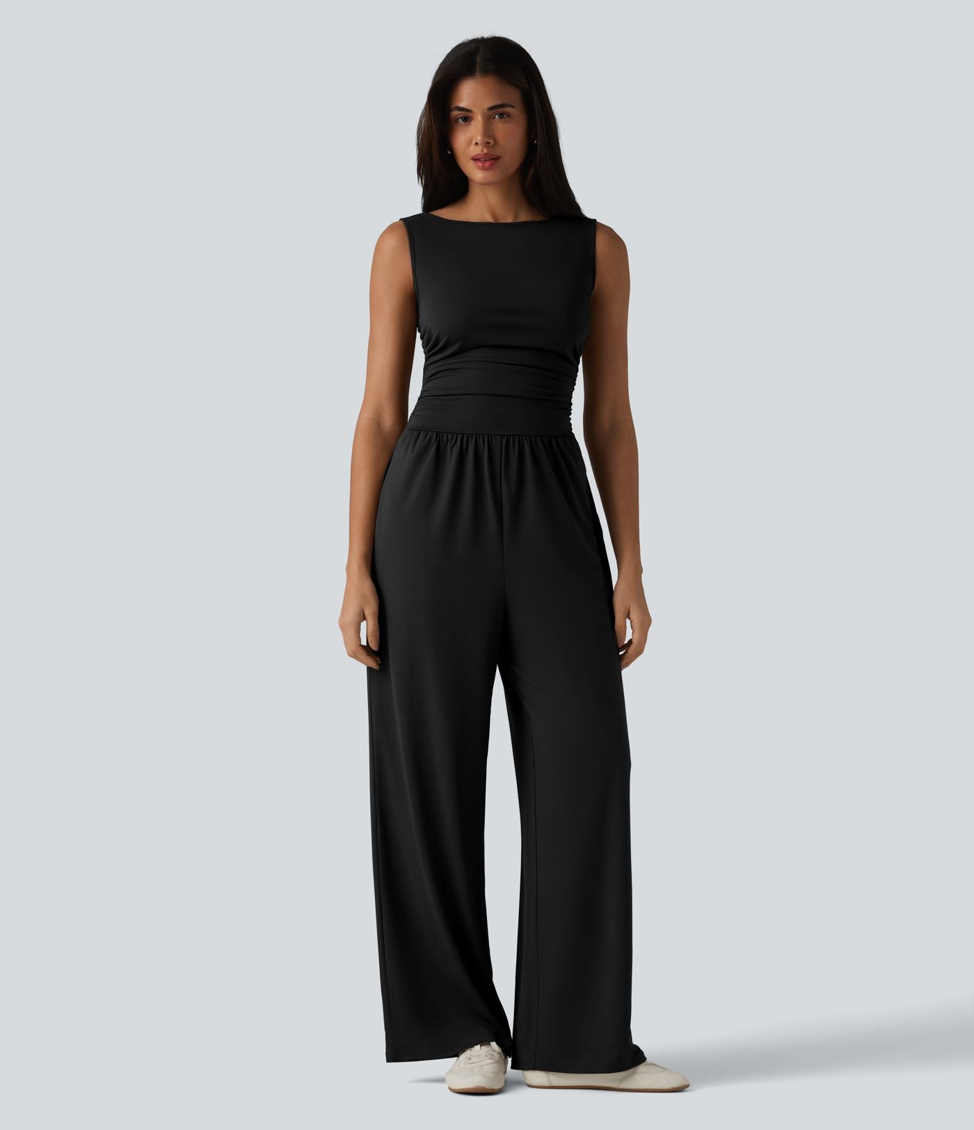 Combinaison casual froncée jambe large sans manches à col bateau avec poches - Édition Easy Peasy