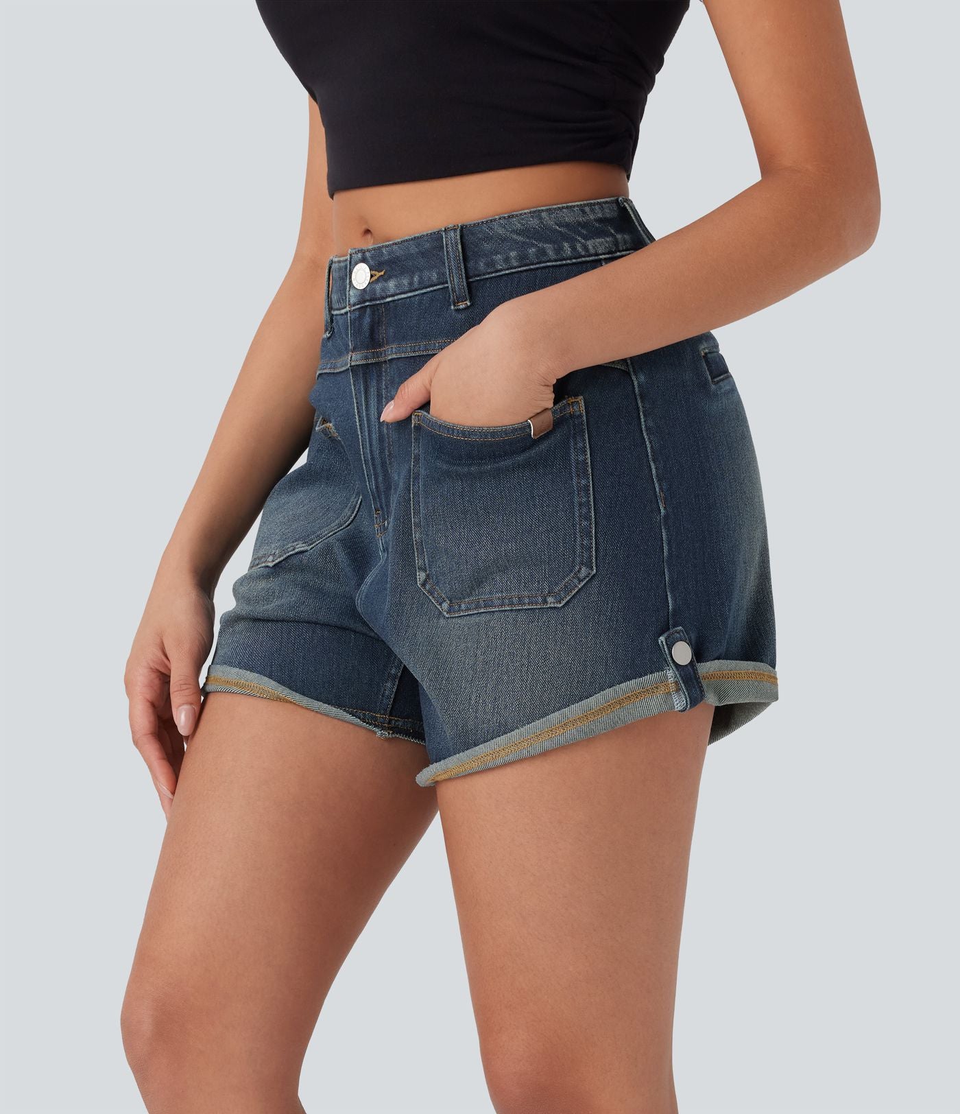 Short décontracté en jean extensible délavé Halara Flex™ taille moyenne avec revers et poches avant
