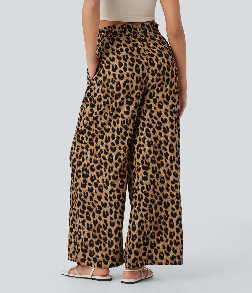 Pantalon large et fluide à imprimé léopard, taille haute avec cordon de serrage et poches latérales