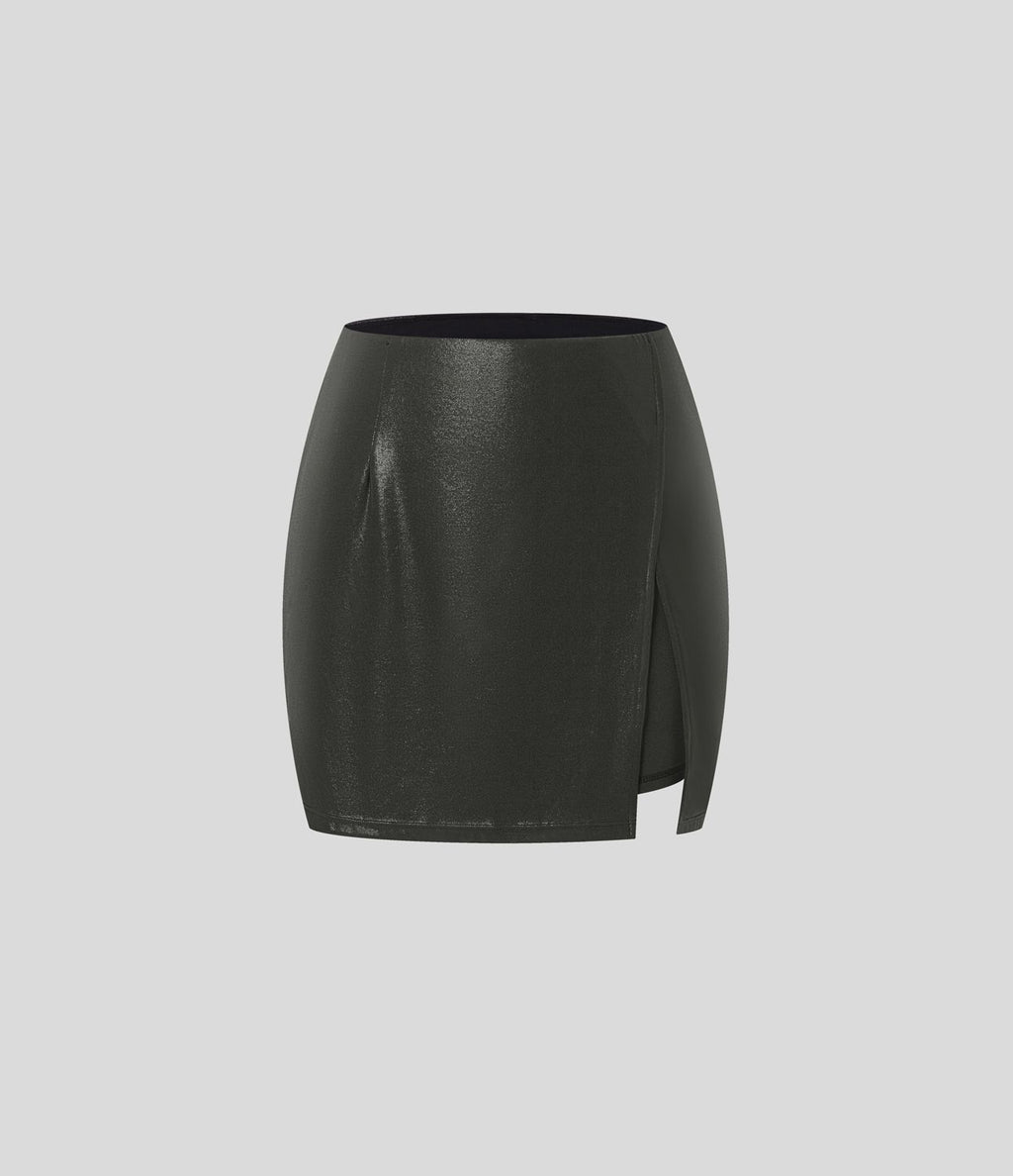 Softlyzero™ Jupe Soirée Mini à Effet Cuir Taille Haute Ourlet Fendu 2-en-1 Poche Côté Imprimé Métallisé Élastique Moulante