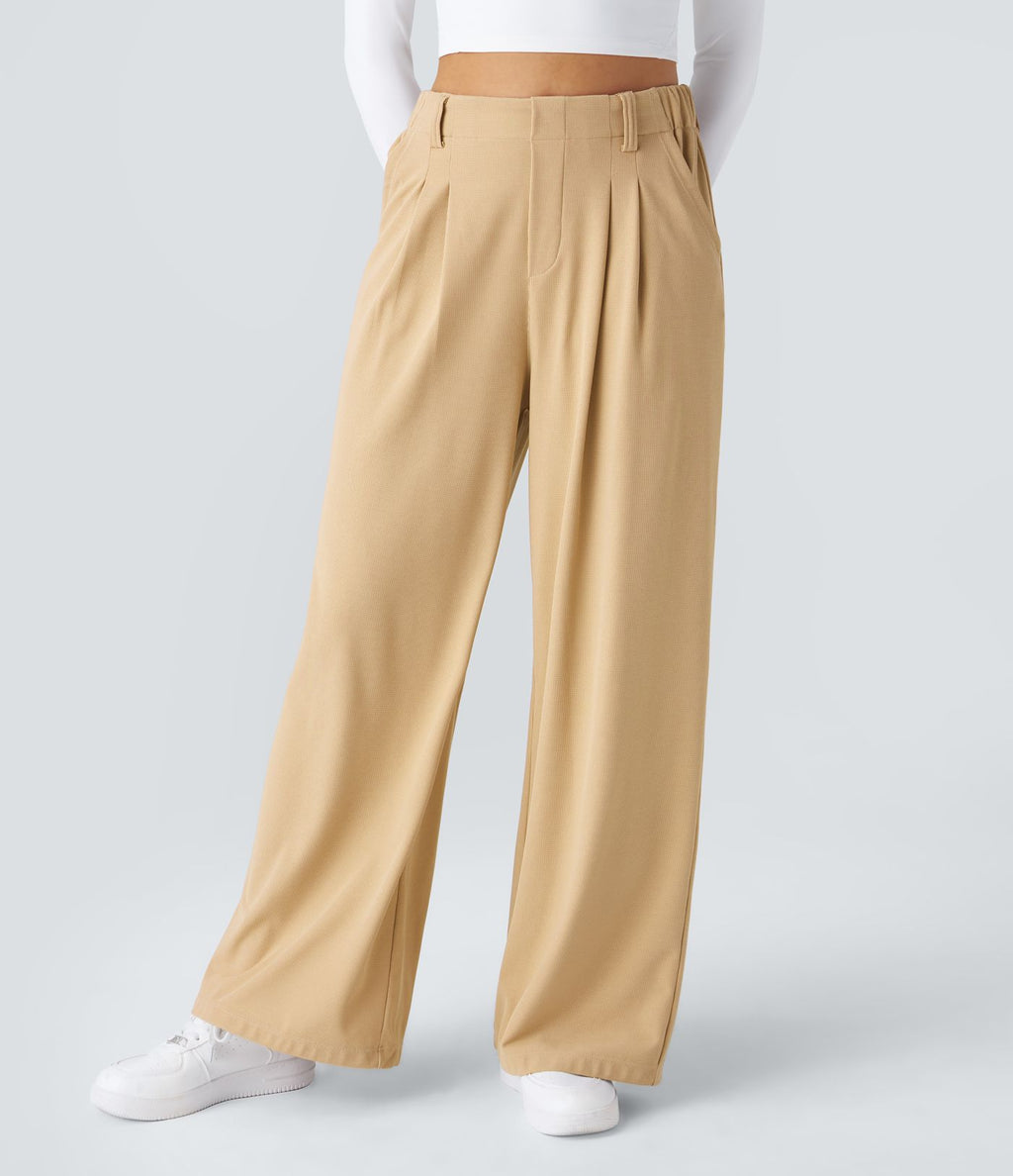 Halara Flex™ Pantalon Tailleur Large Fluide Gaufré Taille Haute Poches Latérales