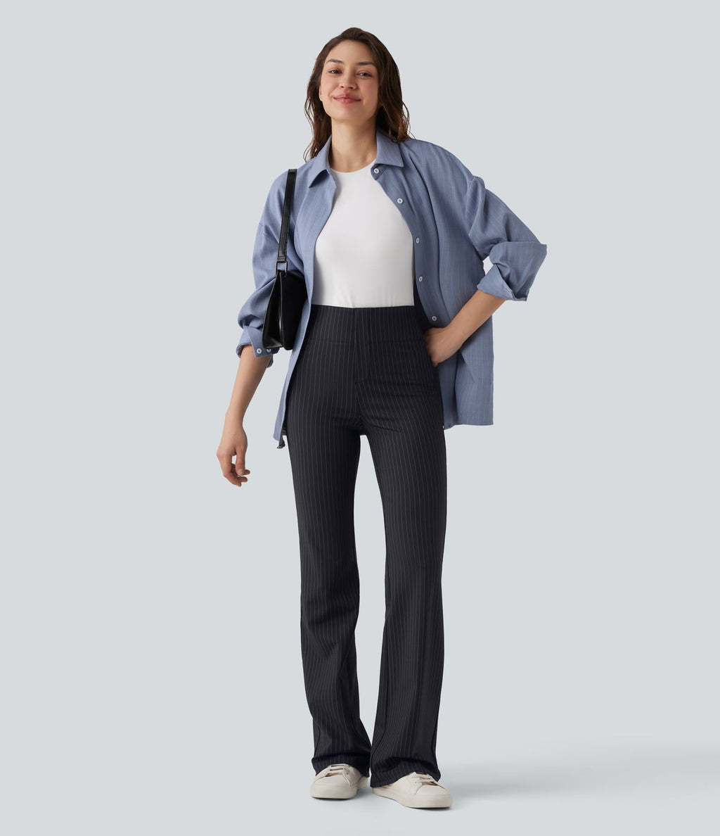 Pantalon tailleur évasé à rayures taille haute avec poches
