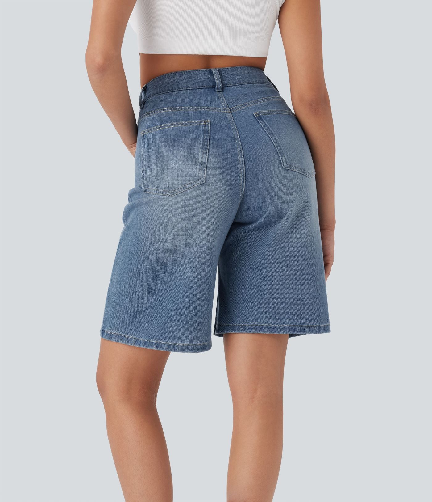 Bermuda en jean délavé Halara Flex™ taille haute à poches multiples