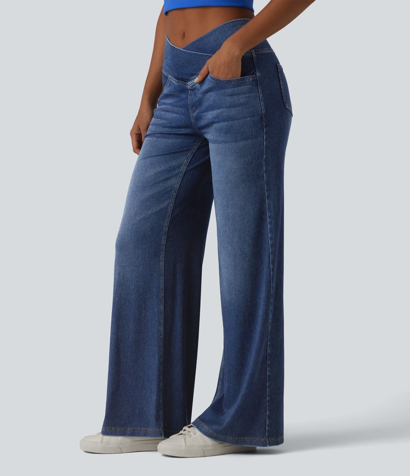 Halara Flex™ Jean large casual taille haute croisée en lyocell drapé lavé avec poches