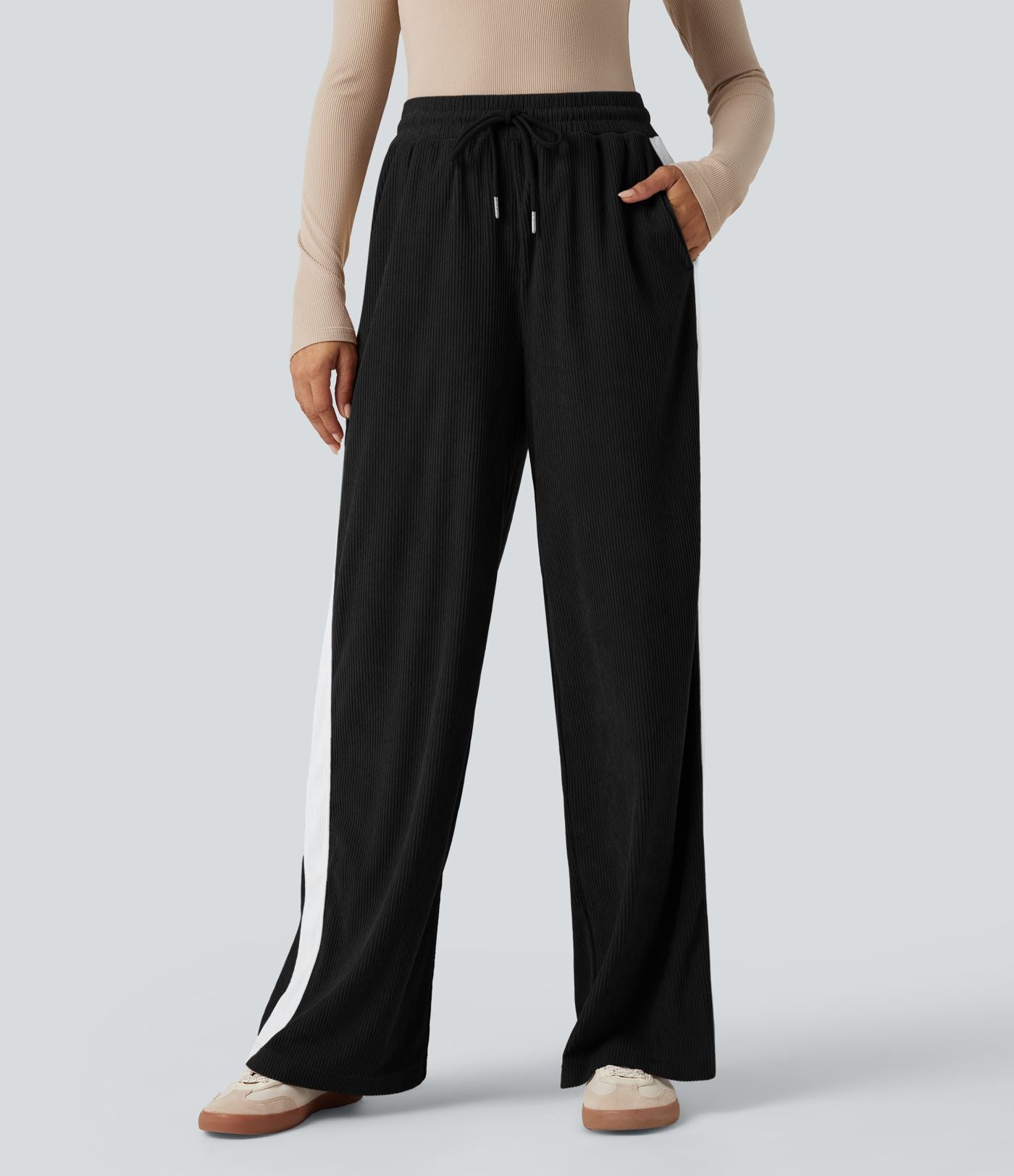Pantalon jogging décontracté droit colorblock en velours côtelé, taille haute, avec cordon et poches