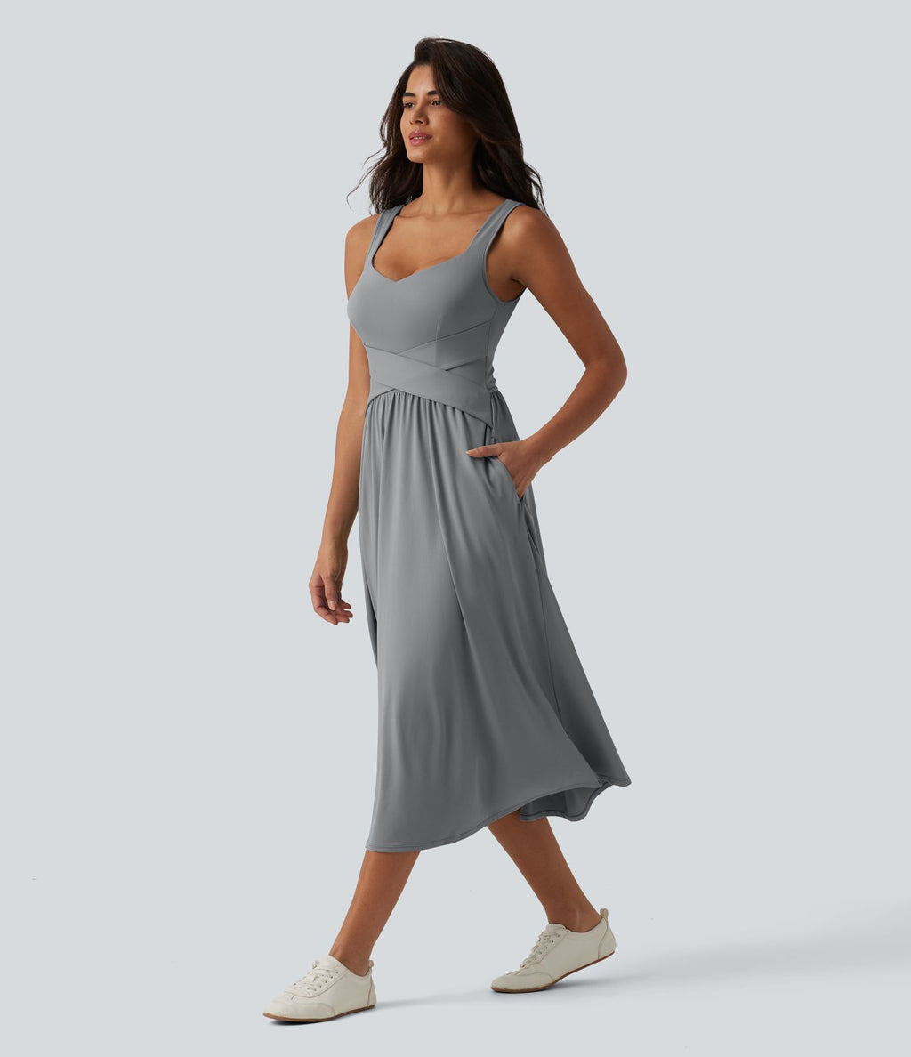 Robe midi fluide sans manches dos croisé, avec brassière intégrée (Bonnets E-G) et poches
