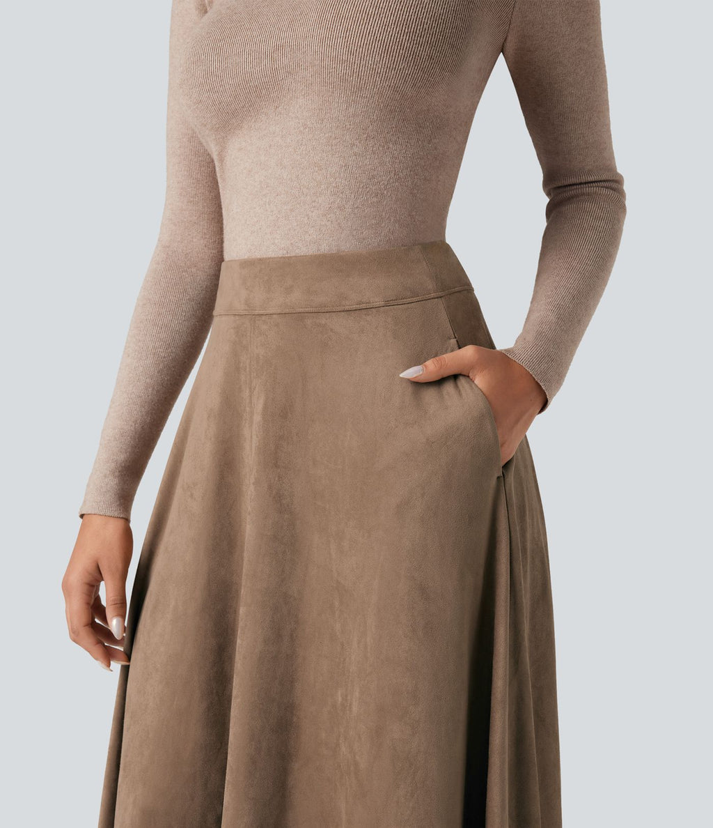 Jupe mi-longue évasée daim taille haute avec poches