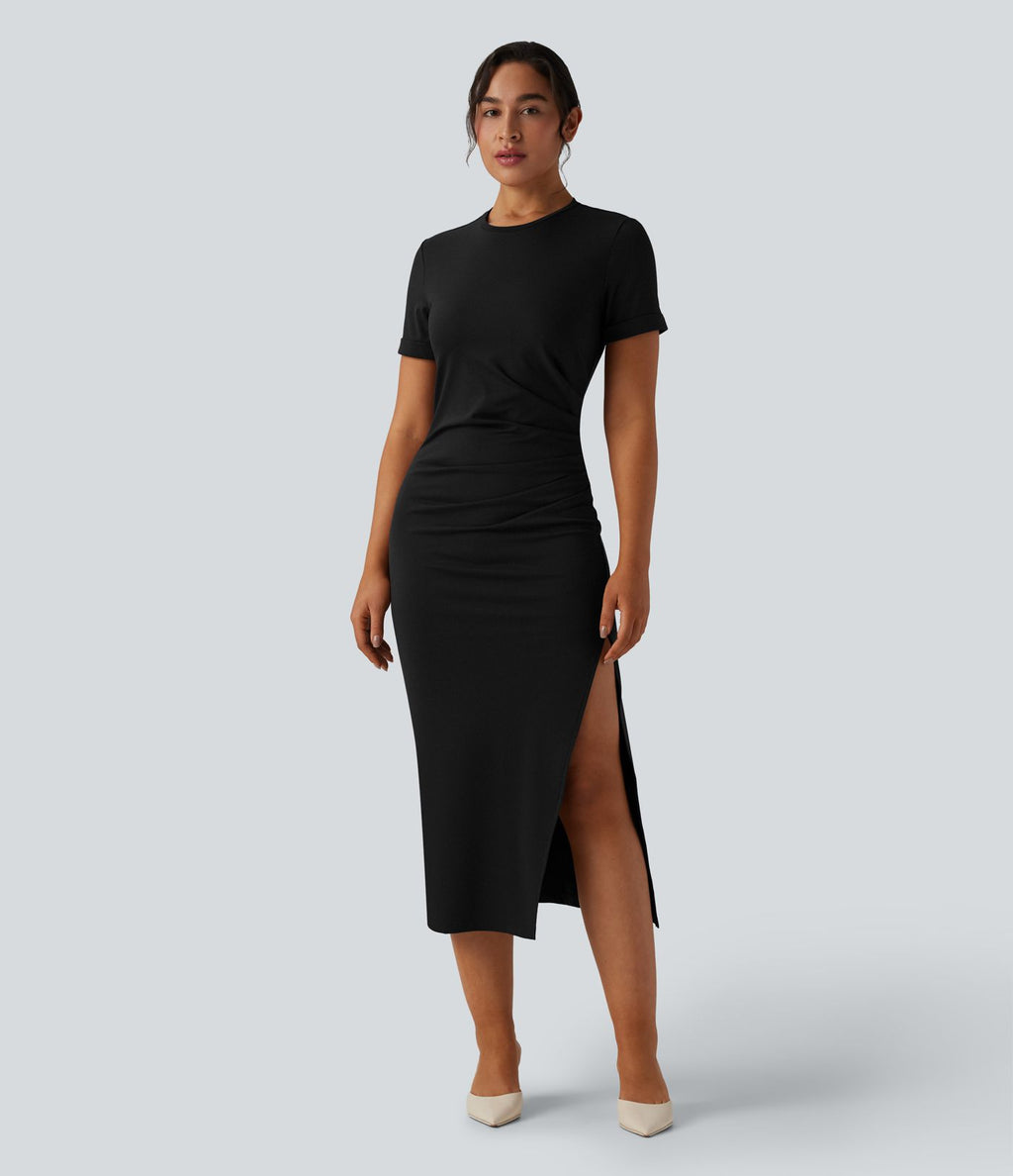Robe midi décontractée col rond manches courtes